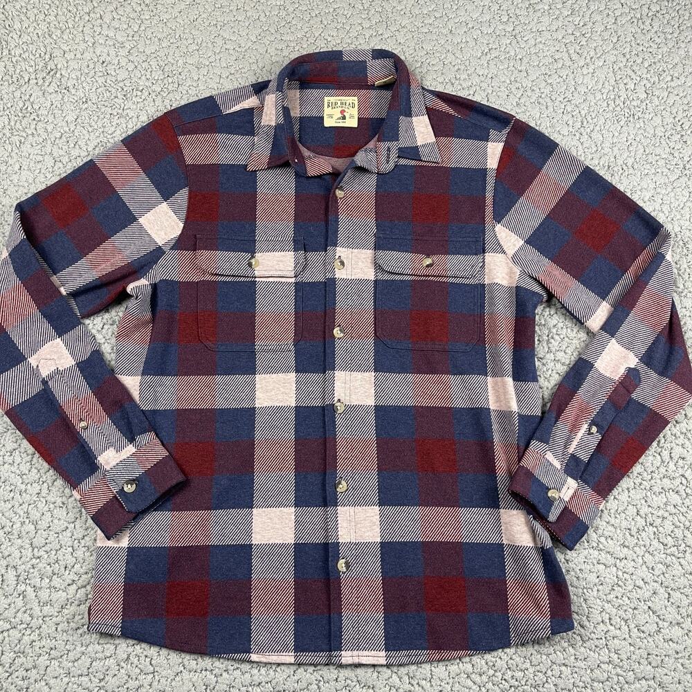 Red Head Flannel Shirt Mens Large Red Gray Plaid Pockets Soft Cotton Outdoor